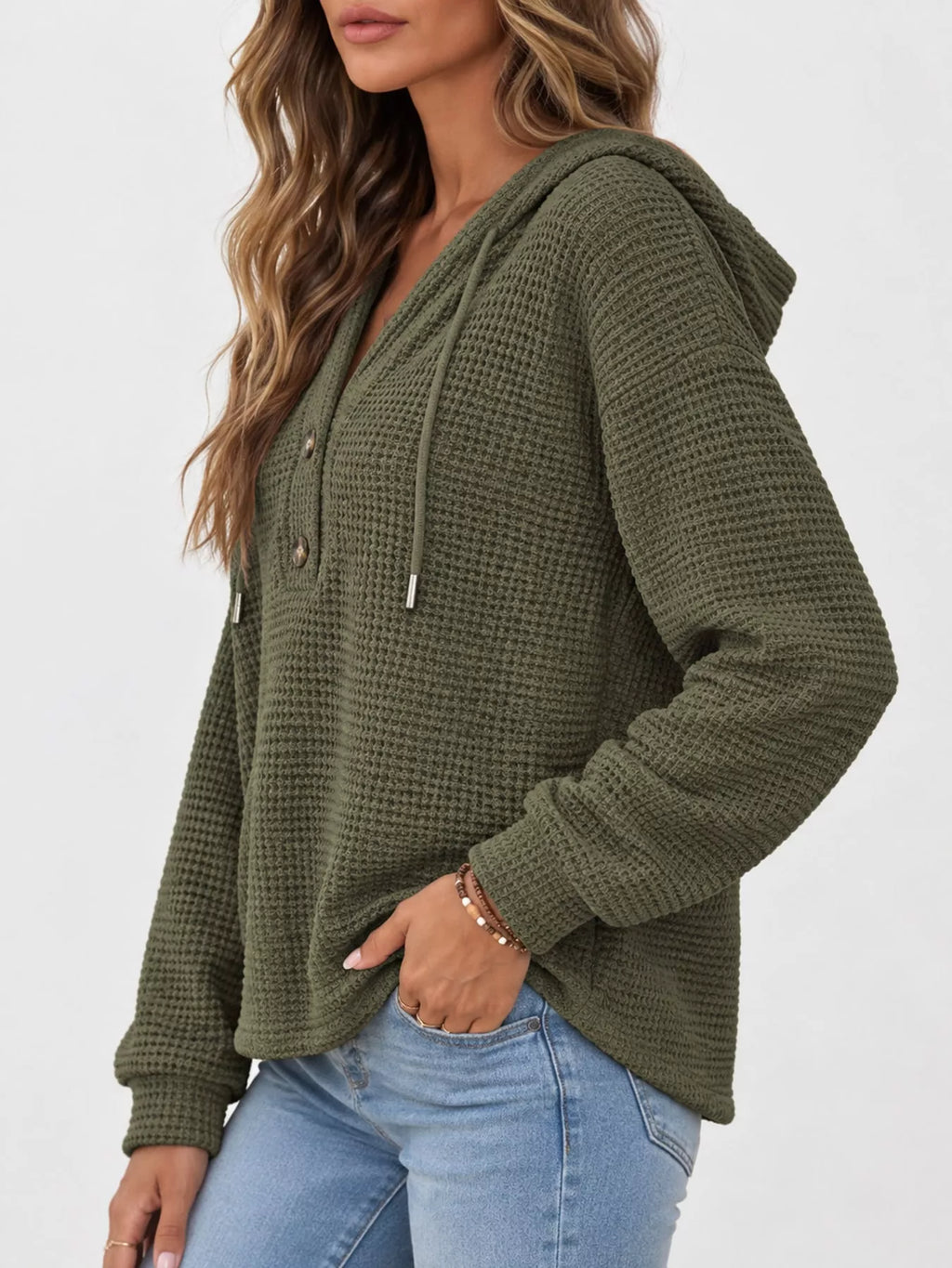 Olive green waffle Knit Button Detail Hoodie