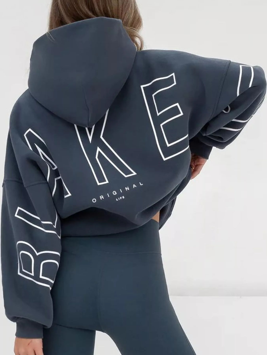Slate blue letter Back Hoodie with Kangaroo Pocket — back view