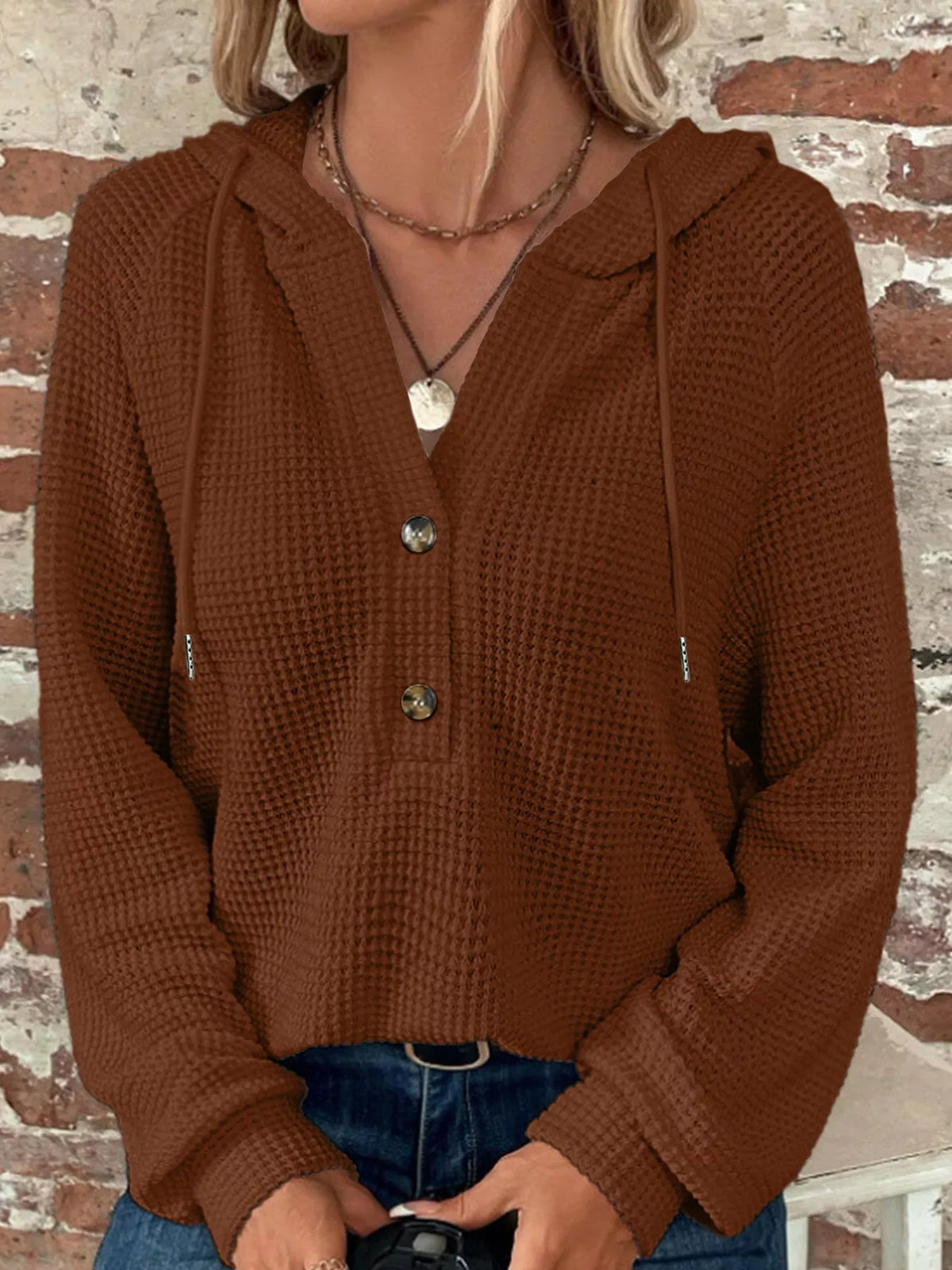 Brown waffle Knit Button Detail Hoodie