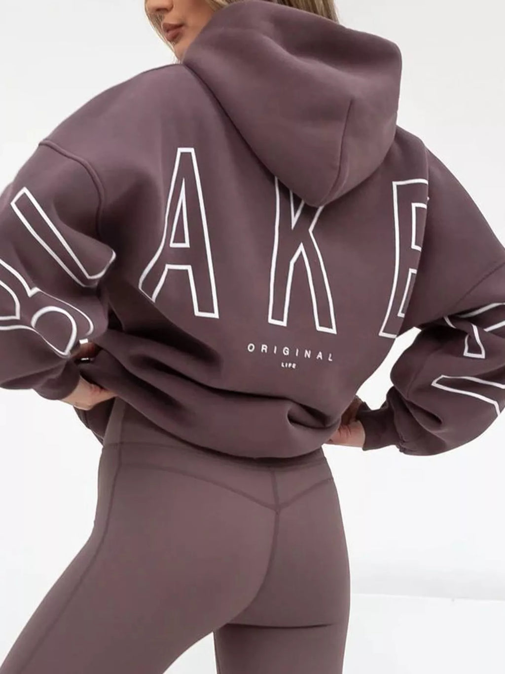 Mauve letter Back Hoodie with Kangaroo Pocket — back view