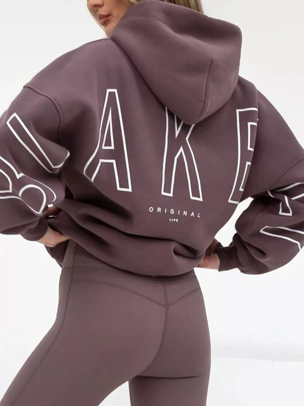 Mauve letter Back Hoodie with Kangaroo Pocket — back view