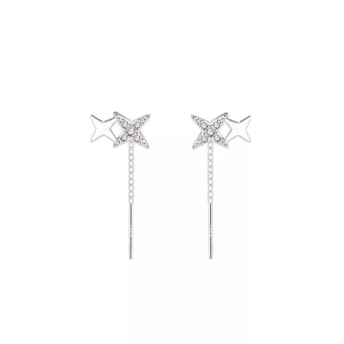 Silver-tone star earrings with long chain drops