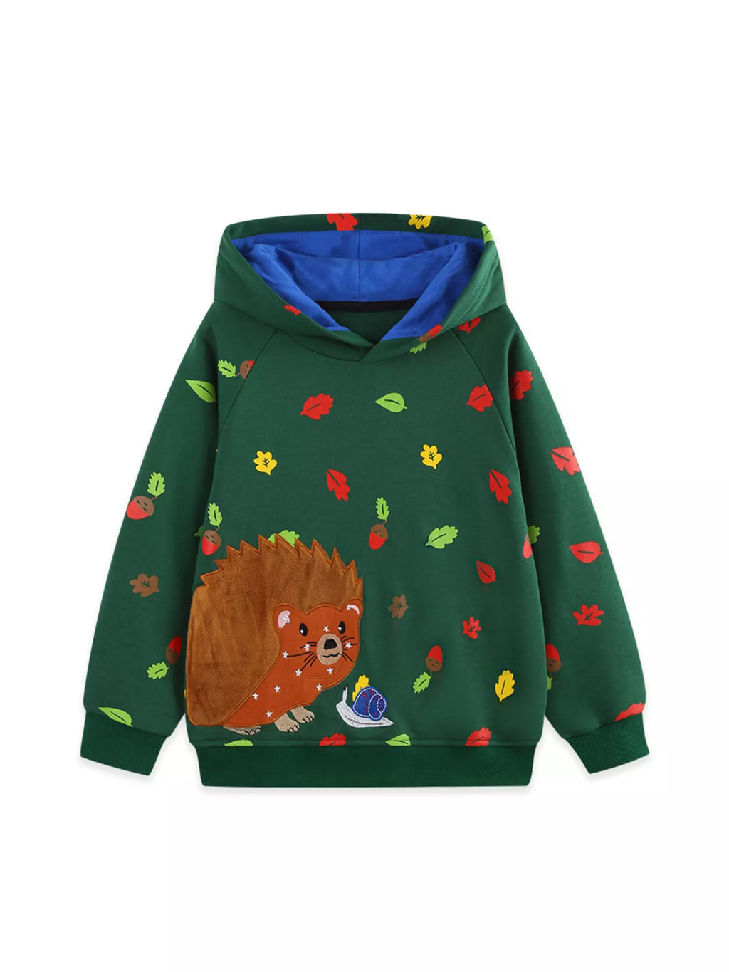 Children’s green hedgehog-print hoodie with contrasting blue hood lining displayed flat