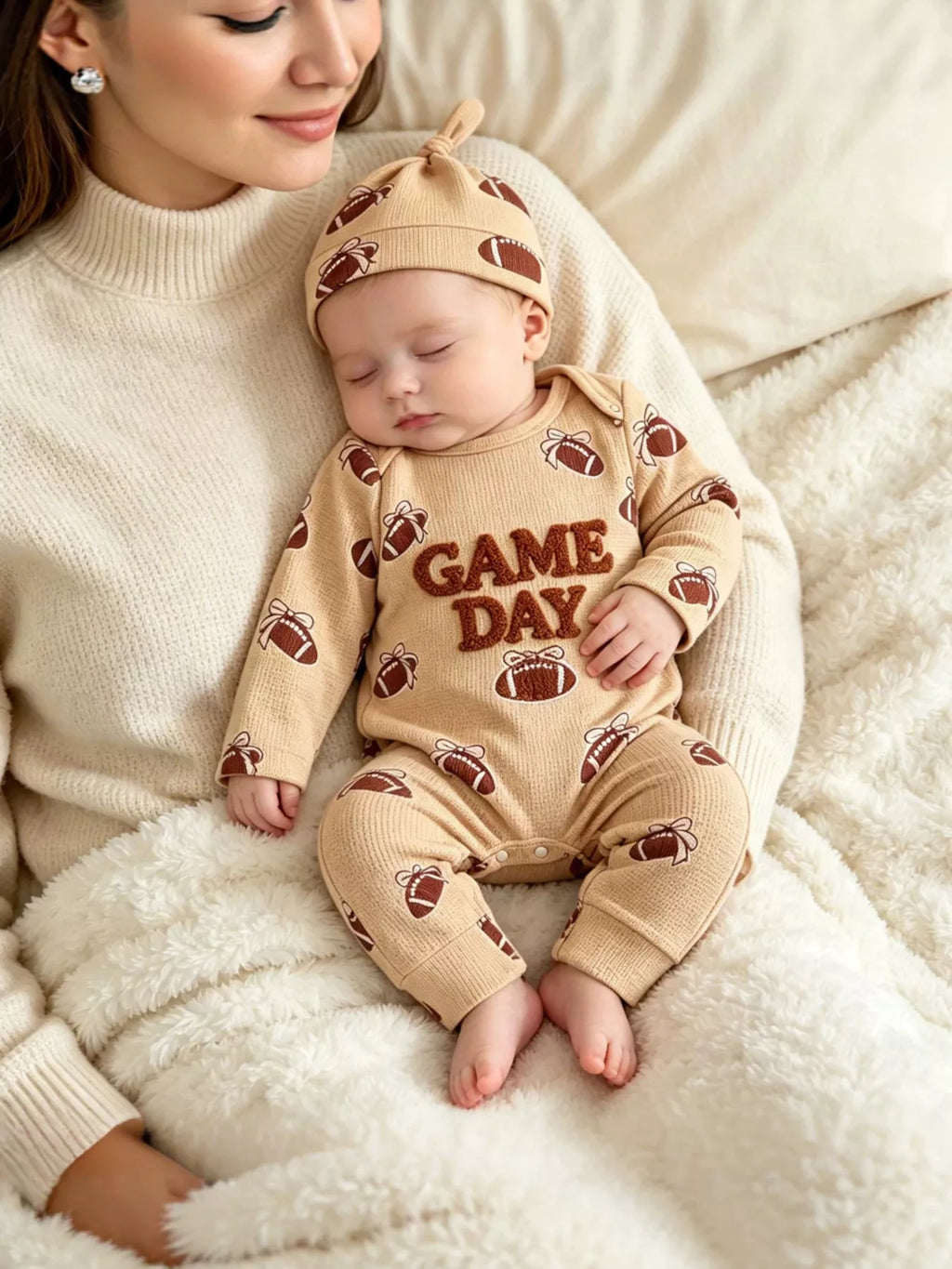 Children’s beige football-print Game Day jumpsuit and matching hat worn by a child