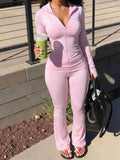 Pink slim Fit Hooded Zip-Up Top and Flared Pants Set
