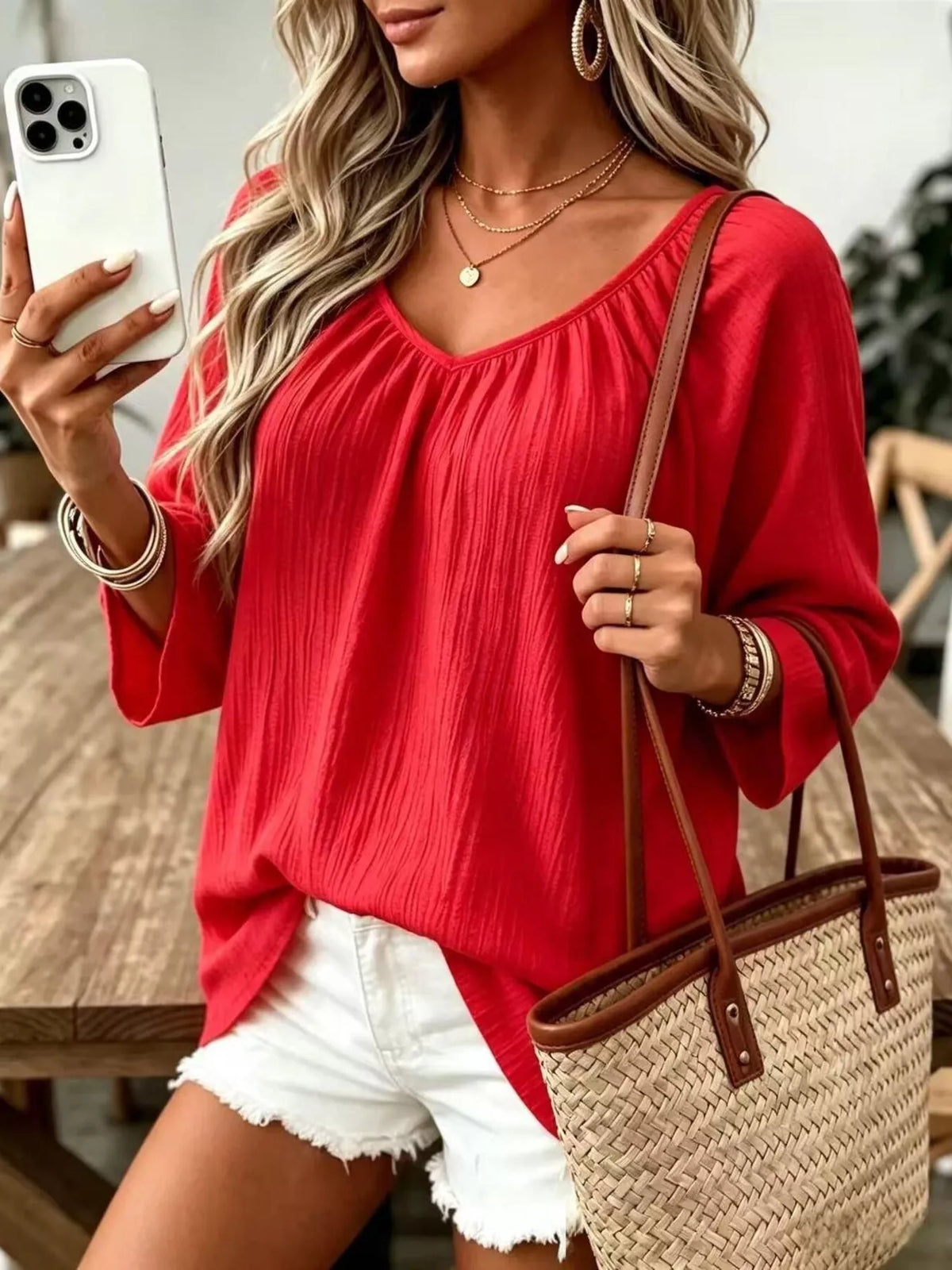Red textured V-Neck T-Shirt