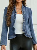 Blue washed denim-look jacket with ruffled open-front trim, modeled from the front.