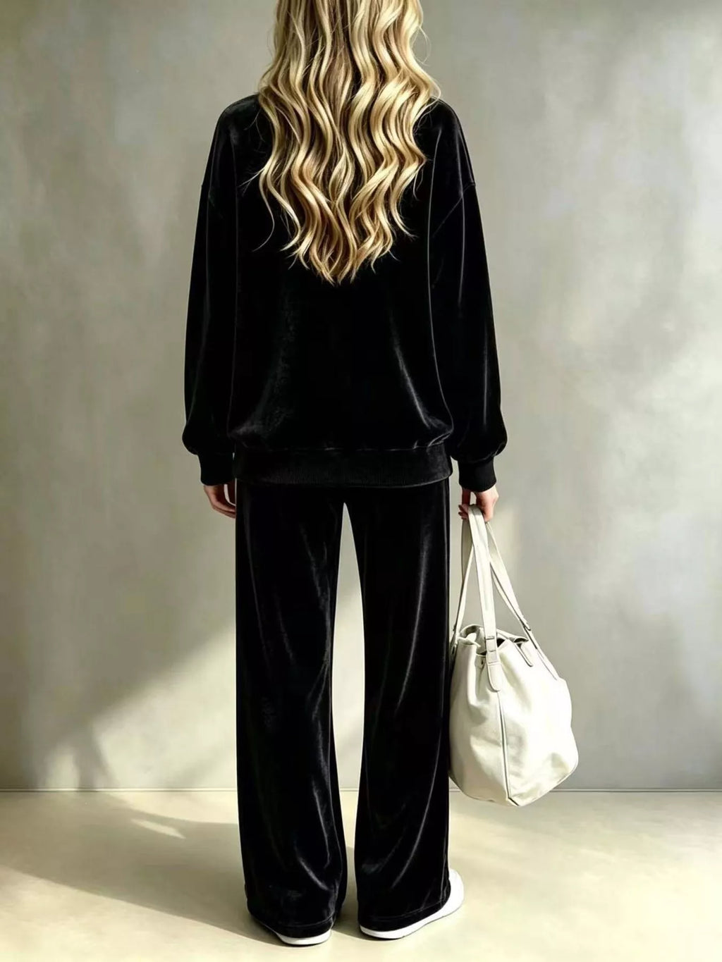 Black dropped Shoulder Velvet Top and Wide Leg Pants Set — back view