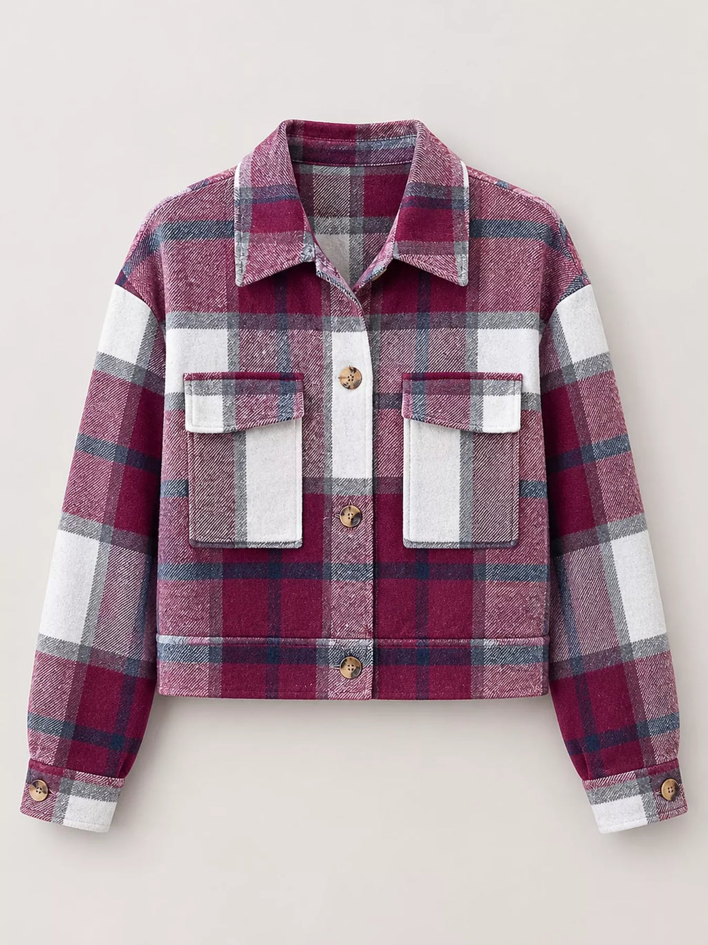 Burgundy color-block plaid cropped jacket with flap chest pockets, displayed flat.