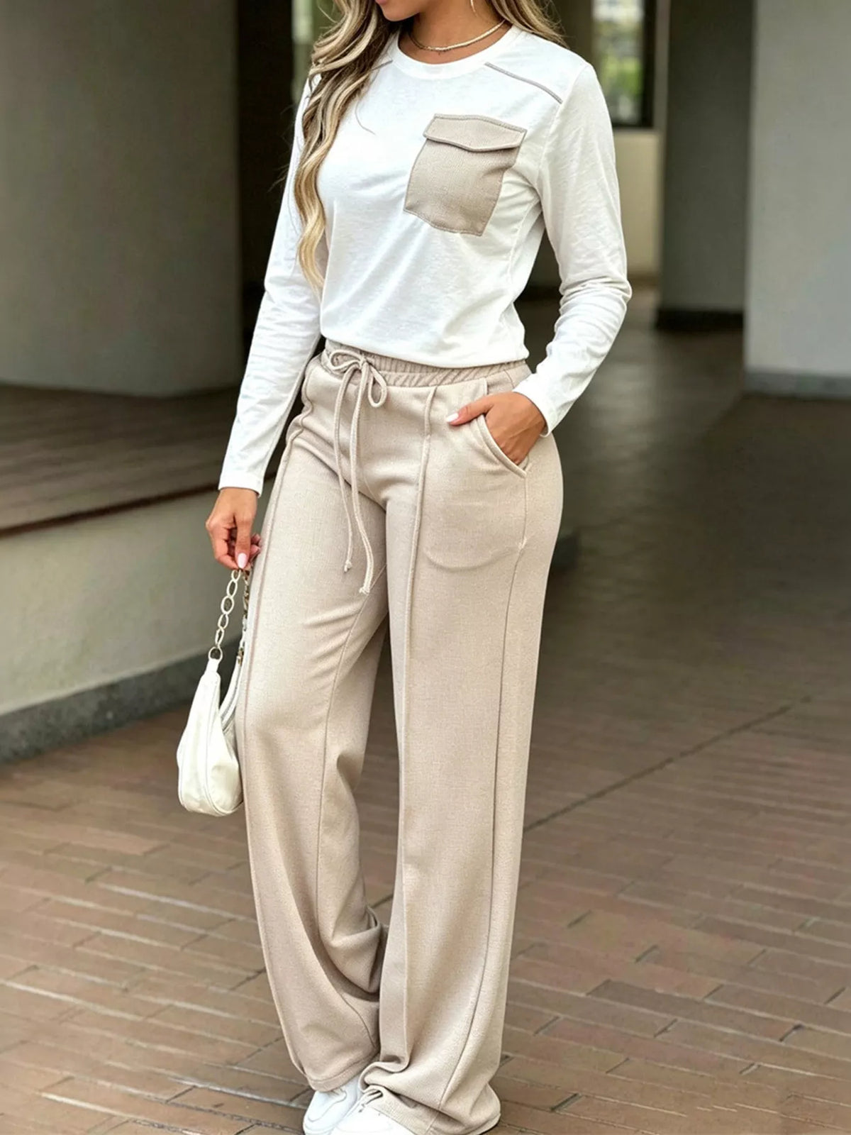 Cream and beige long Sleeve Pocket Top and Wide-Leg Drawstring Pants Set