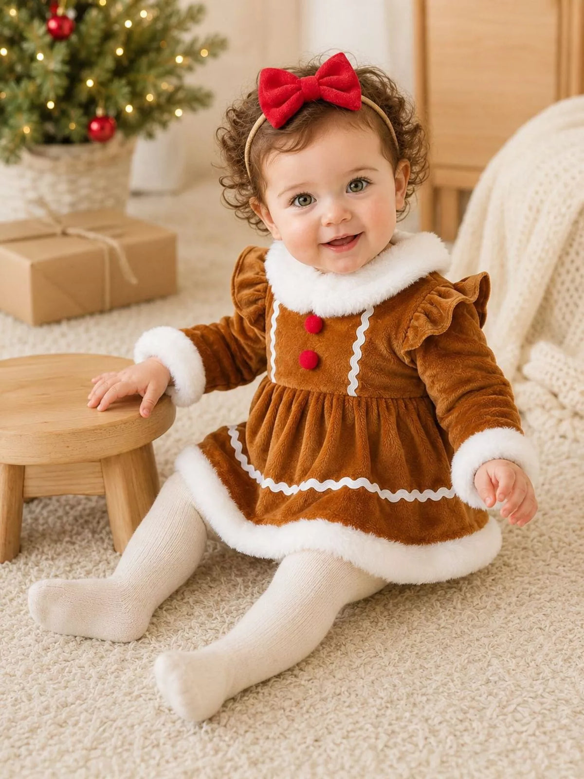 Baby wearing the brown ruffle-shoulder Christmas dress with white trim and red bow.