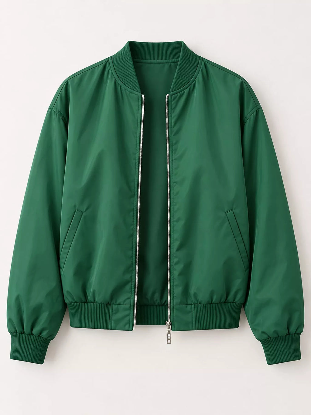 Green zip-up bomber jacket displayed flat.