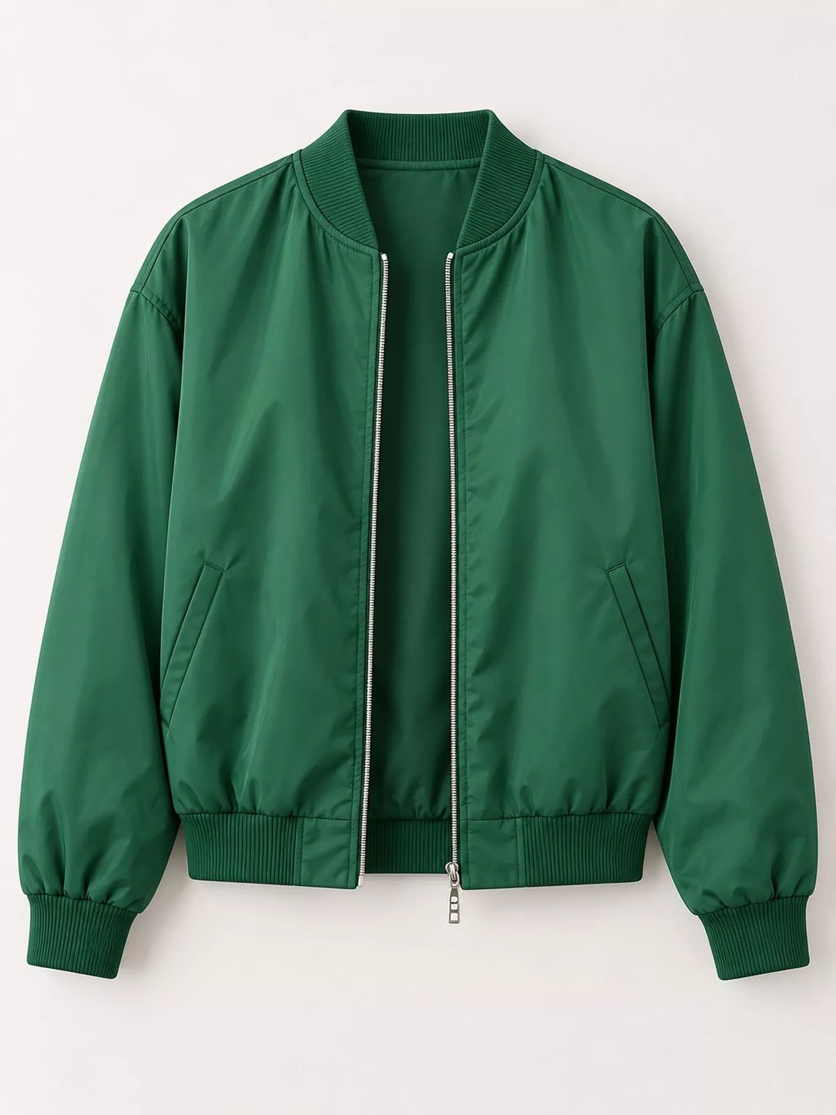 Green zip-up bomber jacket displayed flat.
