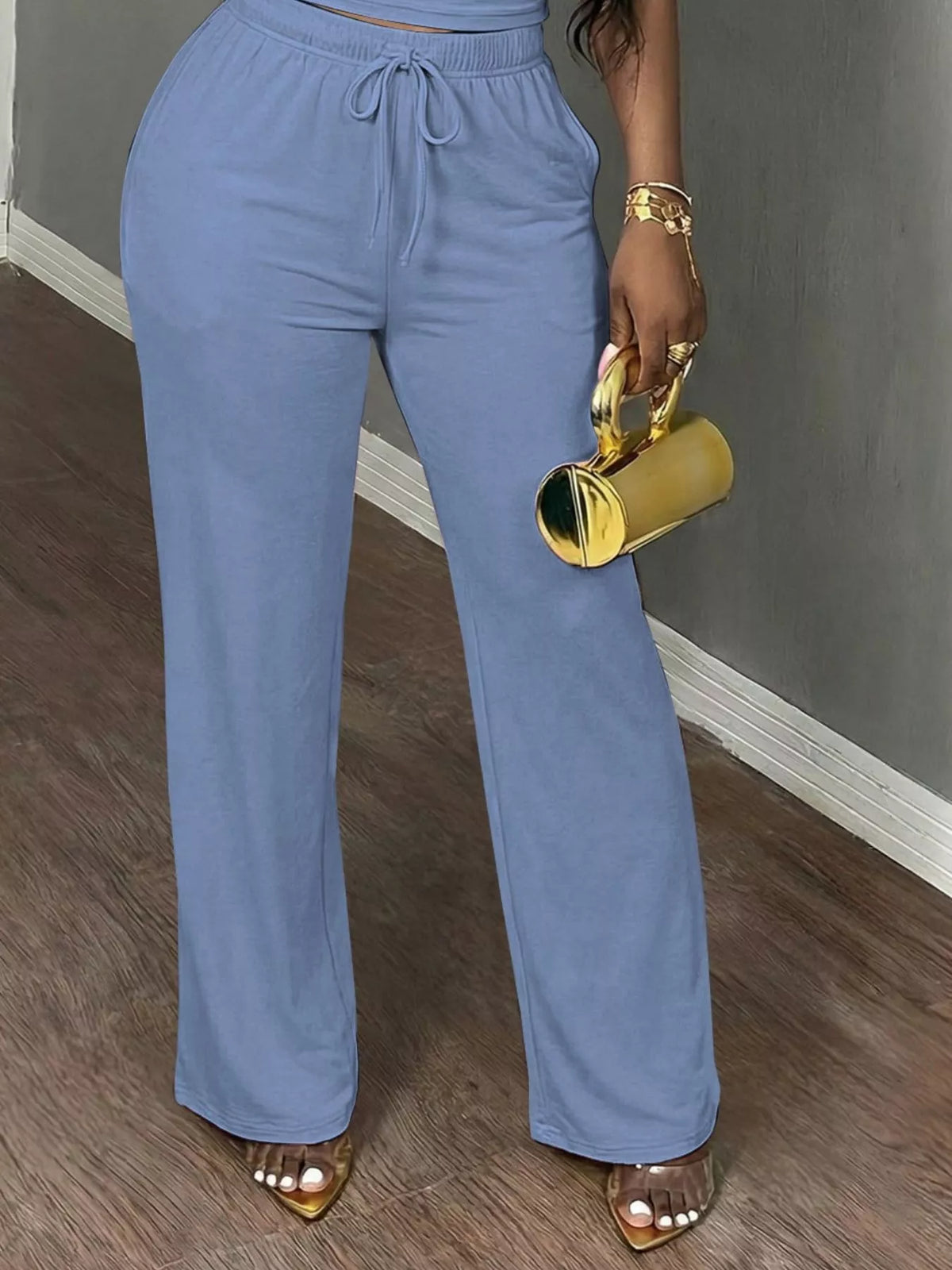 Blue short Sleeve Top and Wide Leg Pants Set — detail view