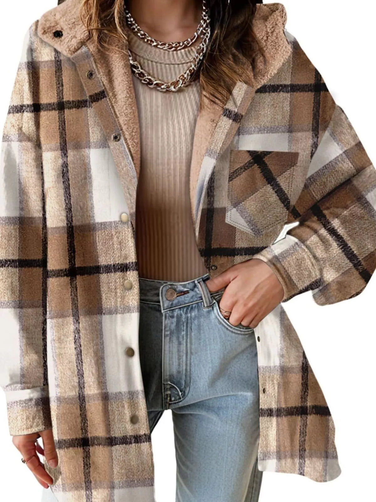 Khaki plaid hooded jacket worn open, front view.