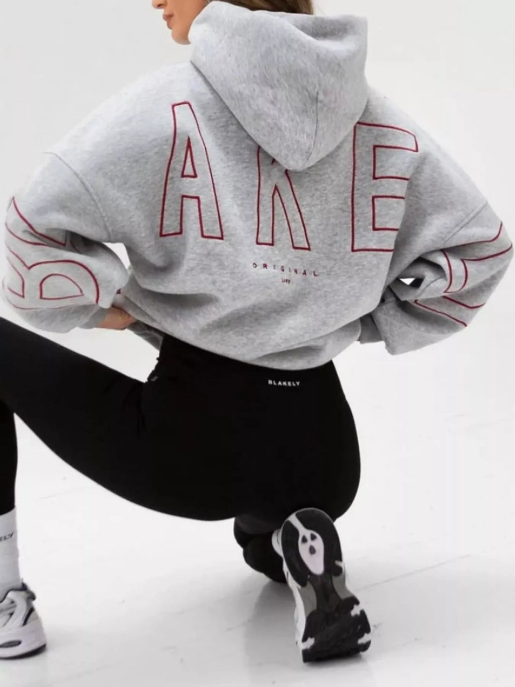 Light gray letter Back Hoodie with Kangaroo Pocket — back view