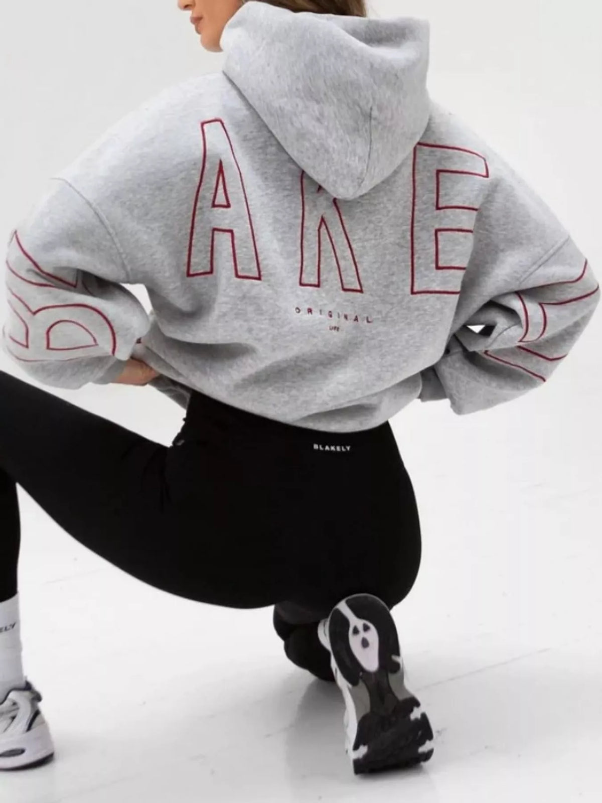 Light gray letter Back Hoodie with Kangaroo Pocket — back view