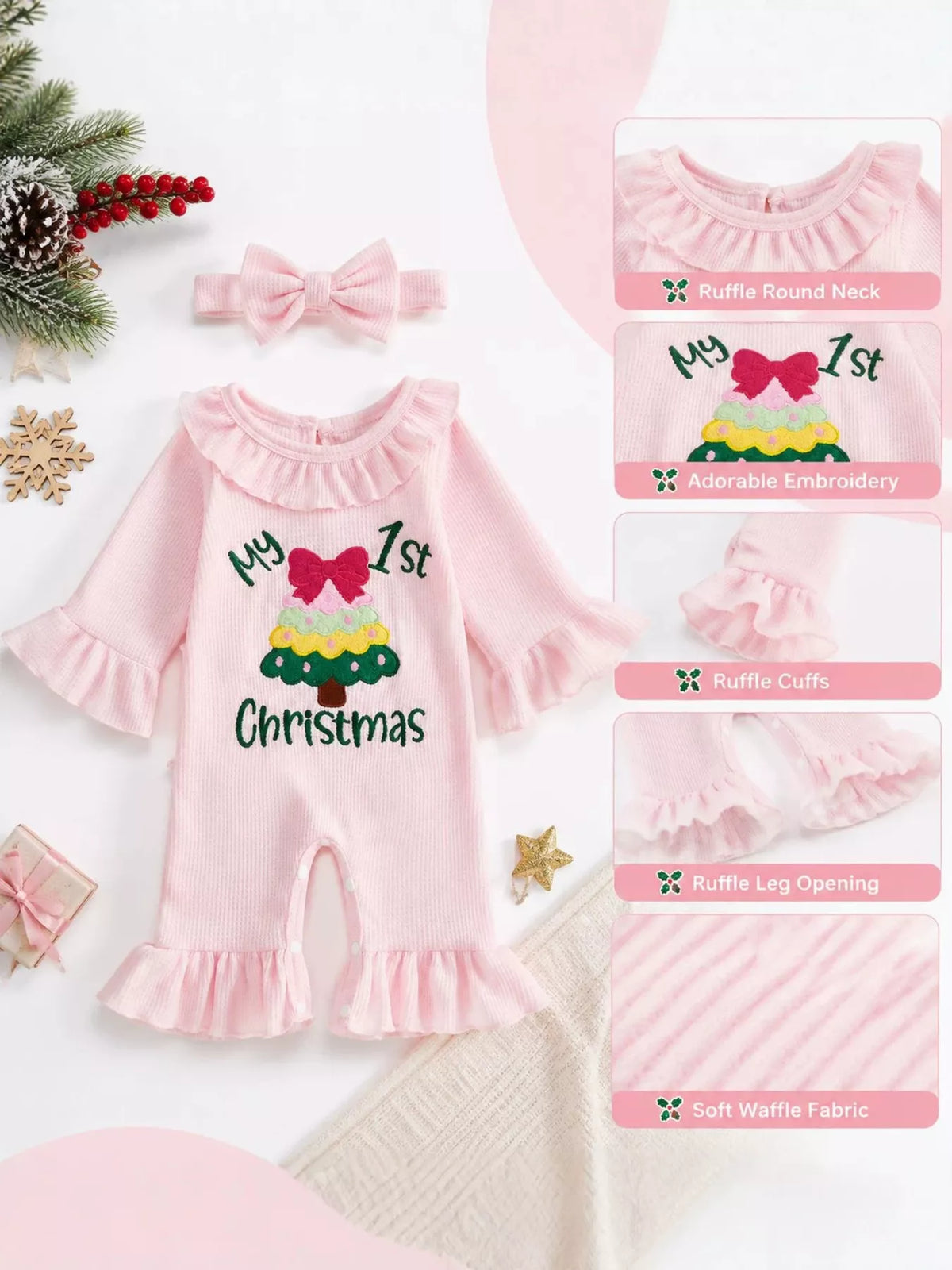 Pink Christmas romper and matching headband with inset views of the graphic, neckline and ruffles.