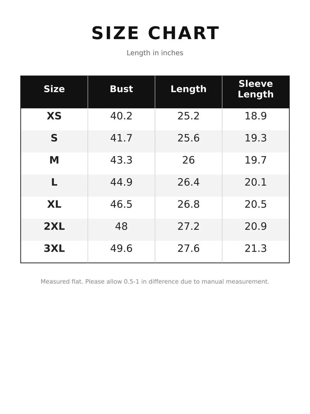 Size chart for sheer lightweight knit top