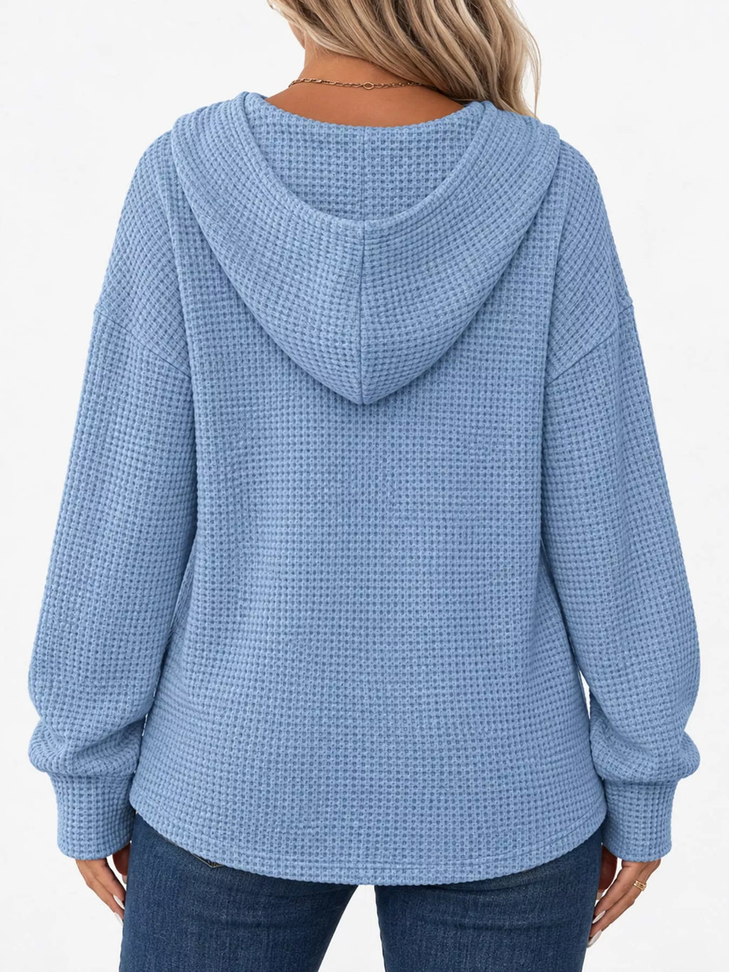 Light blue waffle Knit Button Detail Hoodie — back view