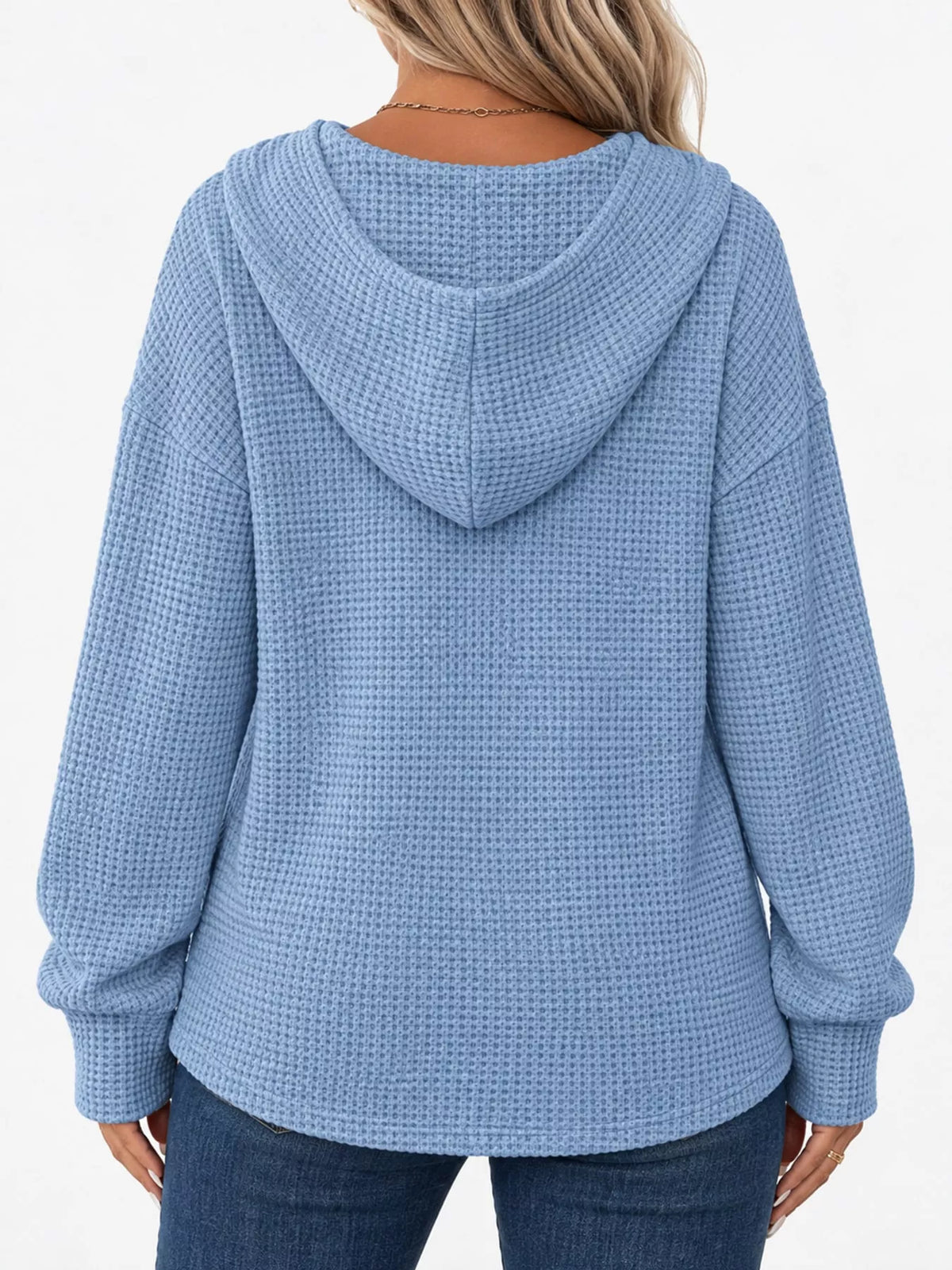 Light blue waffle Knit Button Detail Hoodie — back view