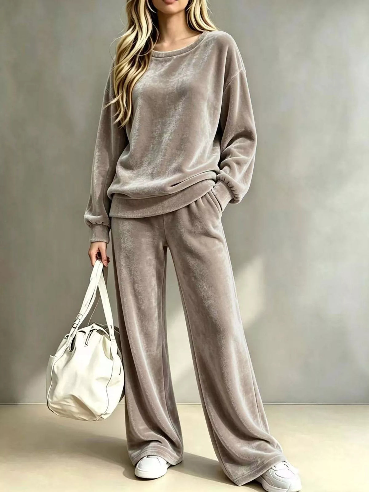 Taupe dropped Shoulder Velvet Top and Wide Leg Pants Set