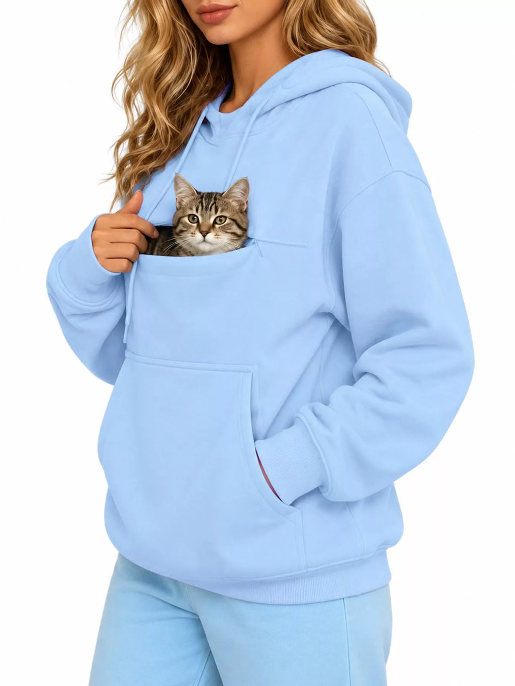 Light blue cat Pouch Drawstring Hoodie