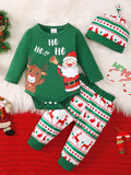 Green Ho Ho Ho baby bodysuit with Santa and reindeer graphics, patterned pants and matching hat.