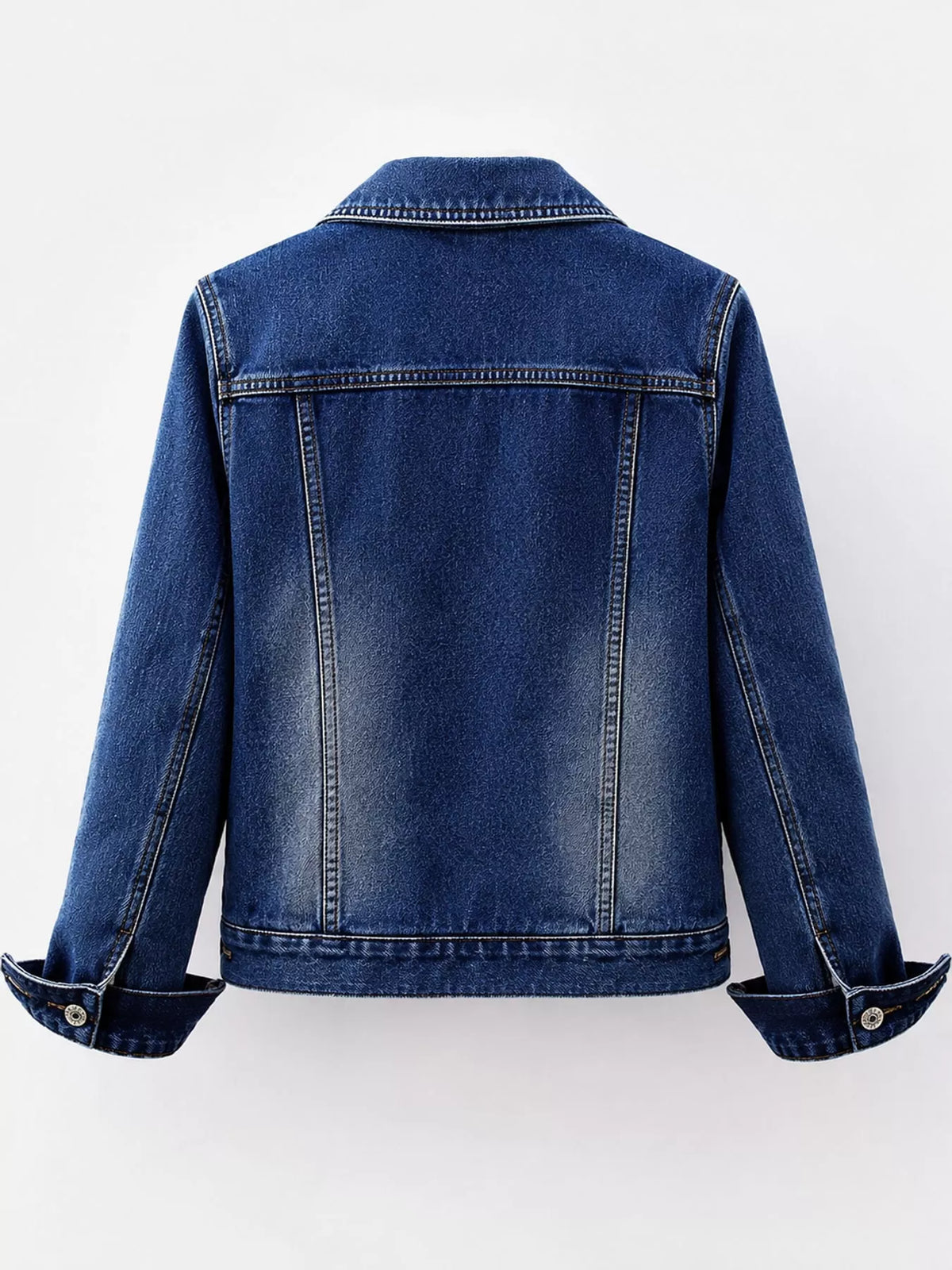 Back view of the medium-blue denim jacket.