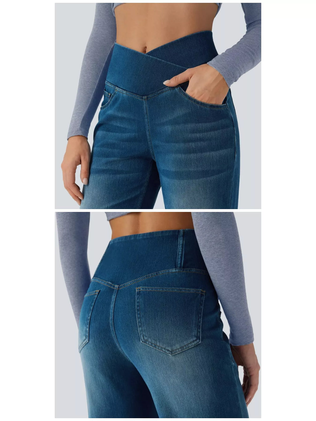 Blue high-waisted crossover waistband straight-leg jeans — detail view