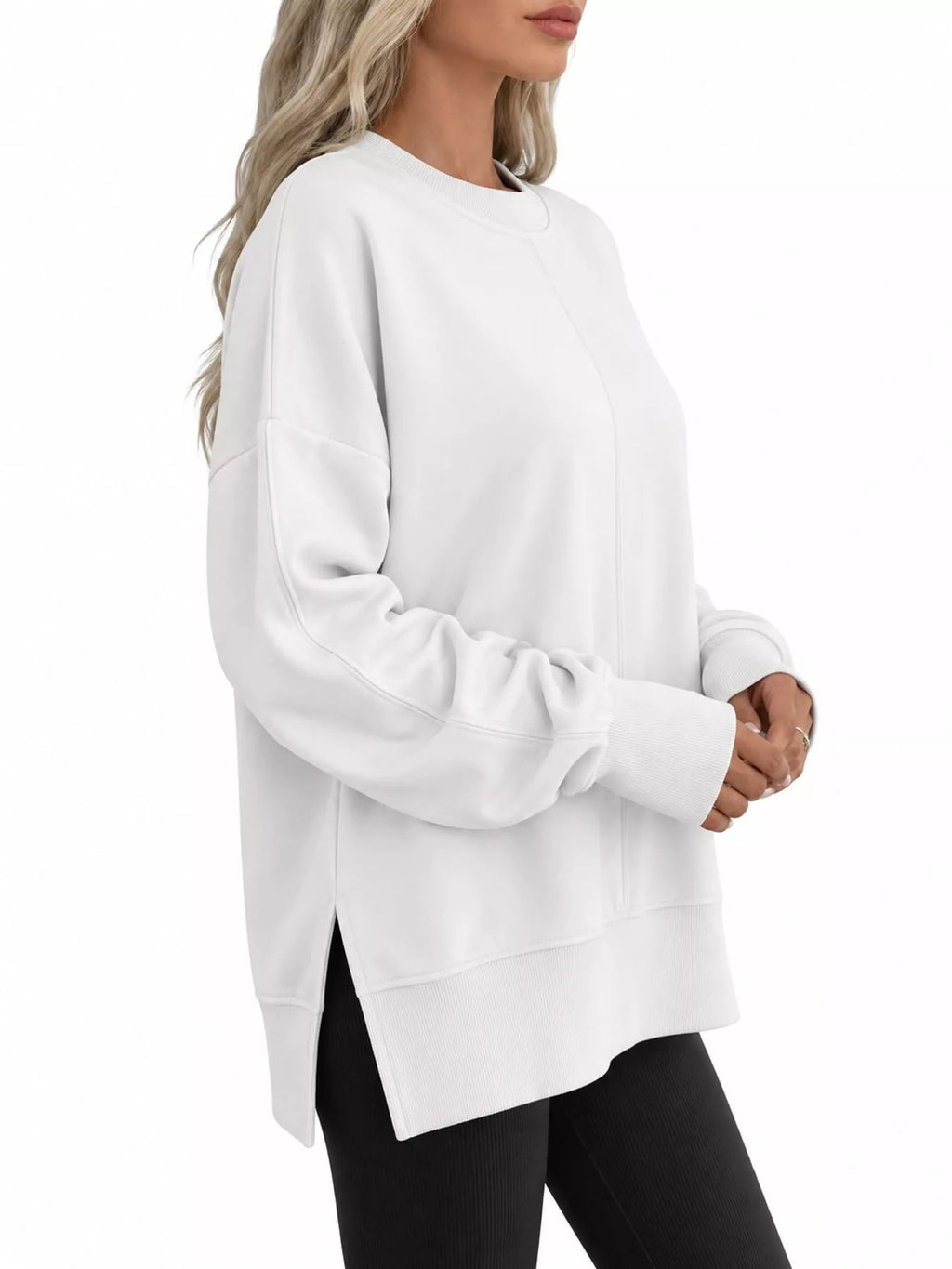 White oversized Crew Neck Sweatshirt with Side Slit