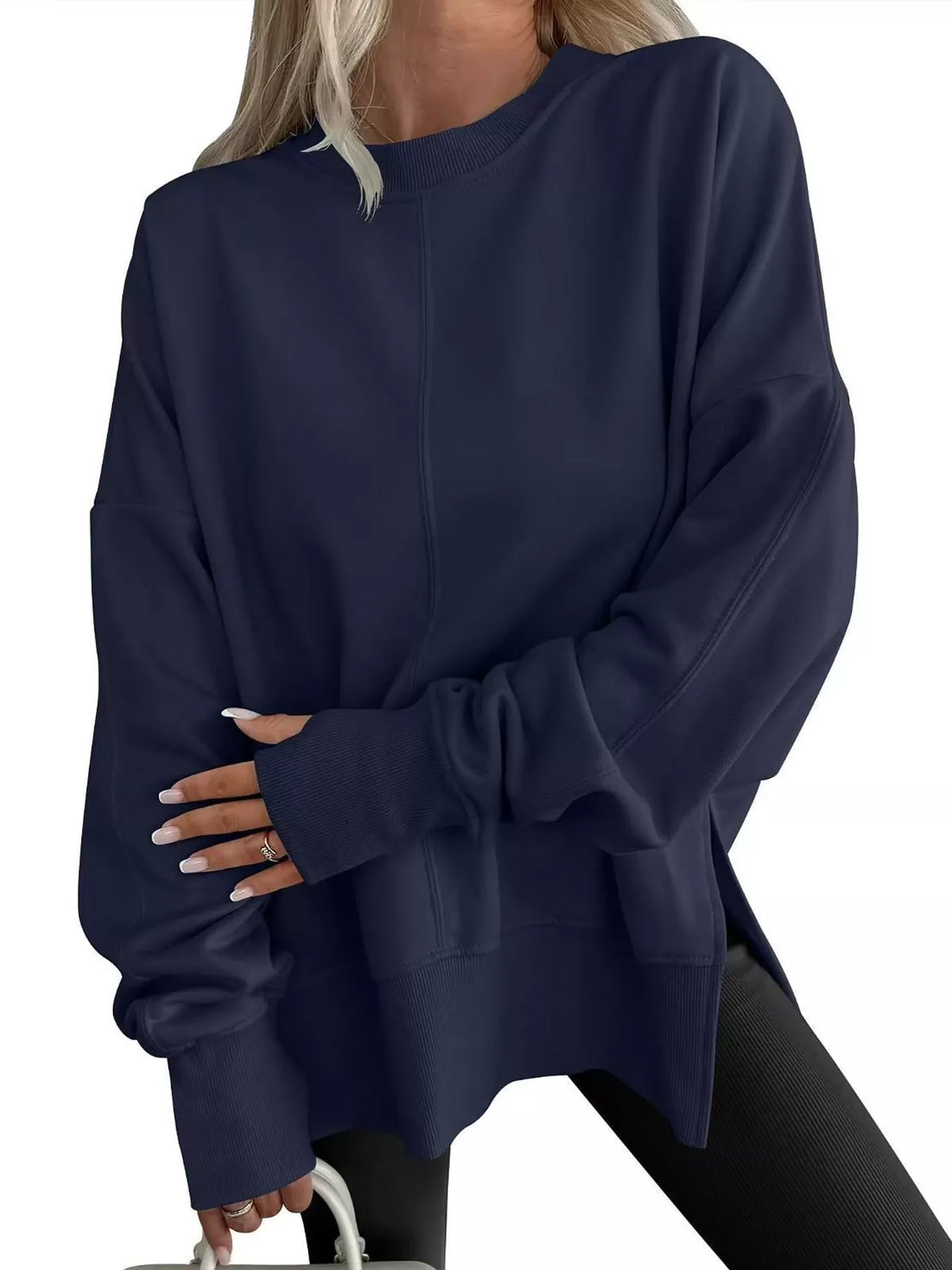 Navy oversized Crew Neck Sweatshirt with Side Slit