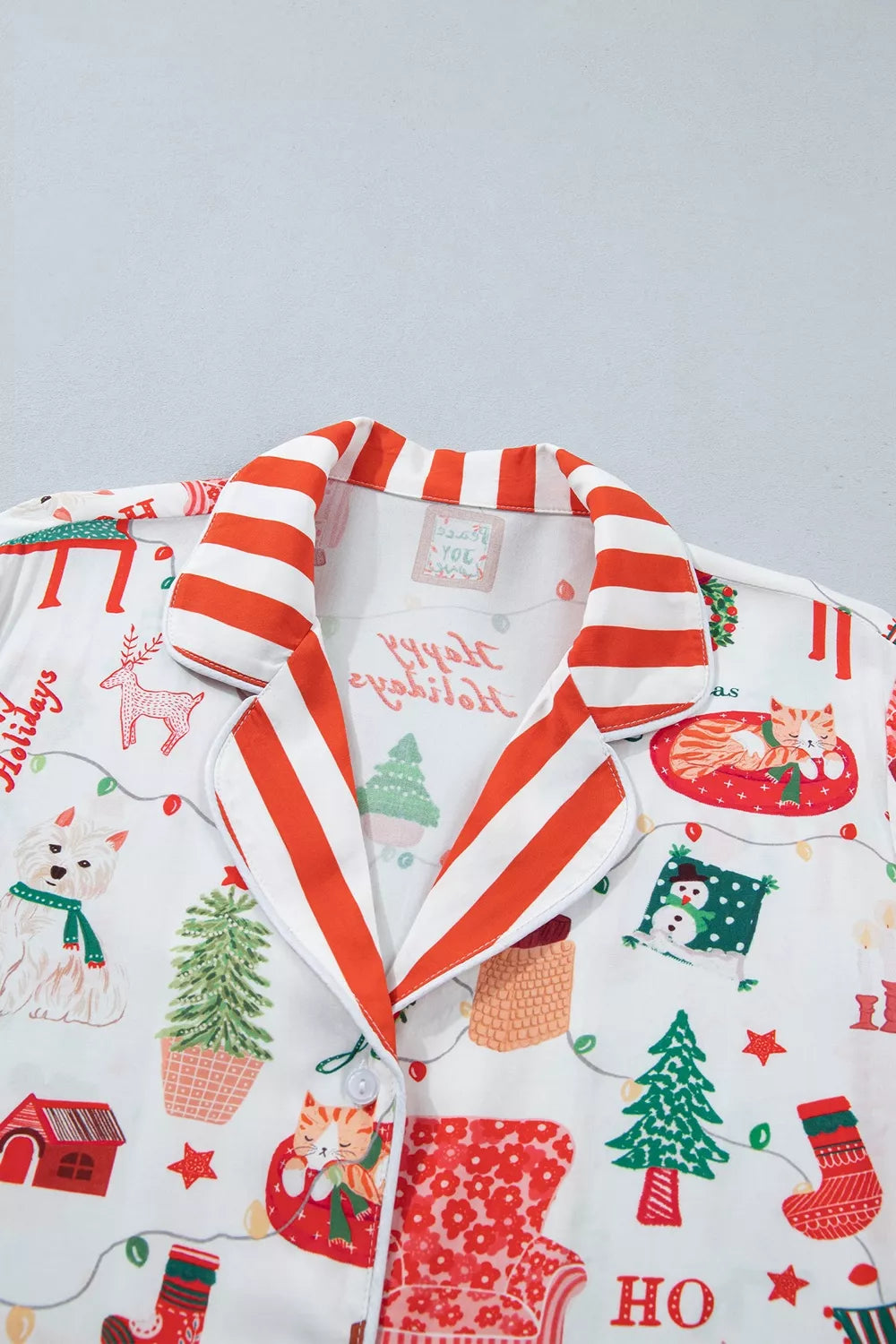 White striped Holiday Long Sleeve Two Piece Shift Home Wear Lounge Set — detail view