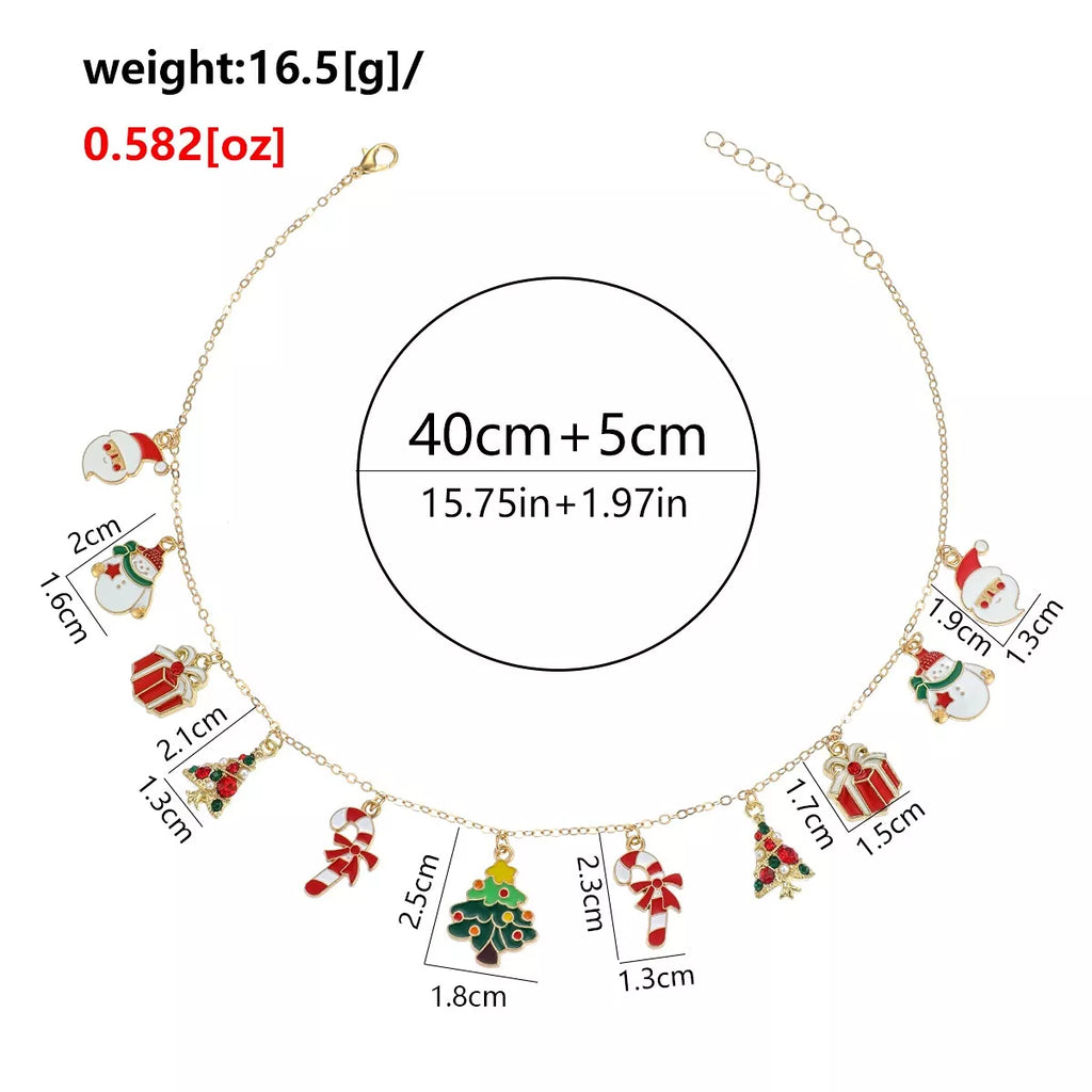 Measurements diagram for gold-tone necklace with colorful christmas charms