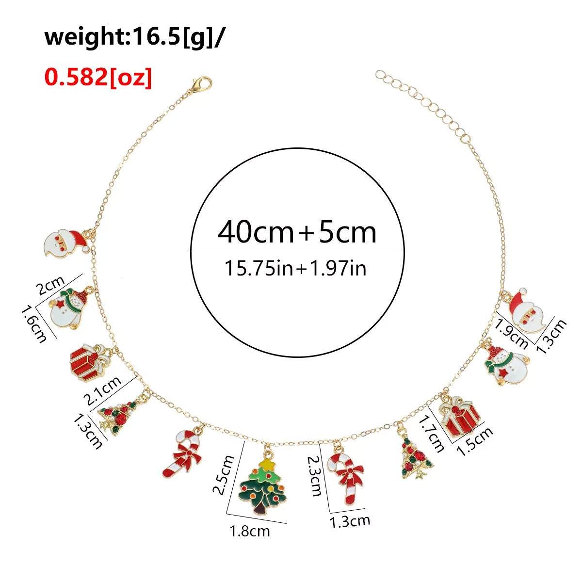 Measurements diagram for gold-tone necklace with colorful christmas charms