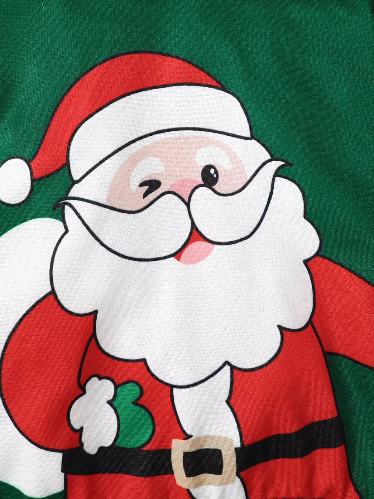 Santa face graphic on the green hooded sweatshirt