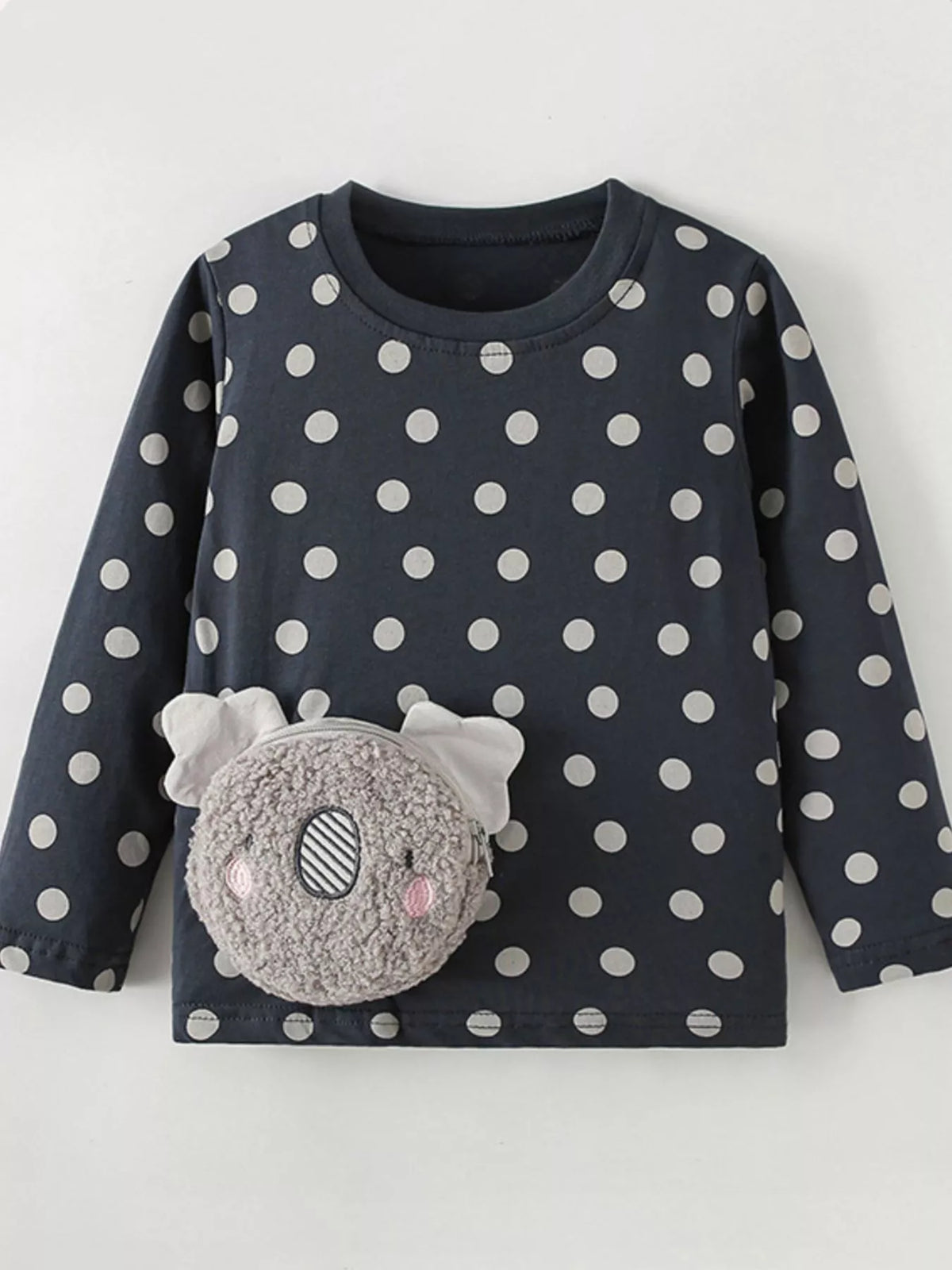 Front product view of the dark long-sleeve polka-dot koala top.