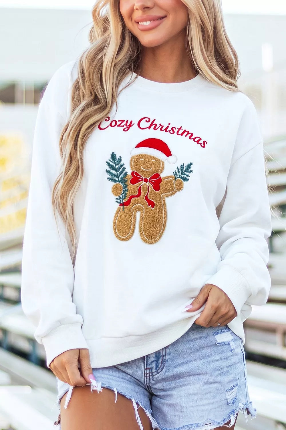 White embroidered Gingerbread Cozy Christmas Long Sleeve Round Neck Sweatshirt