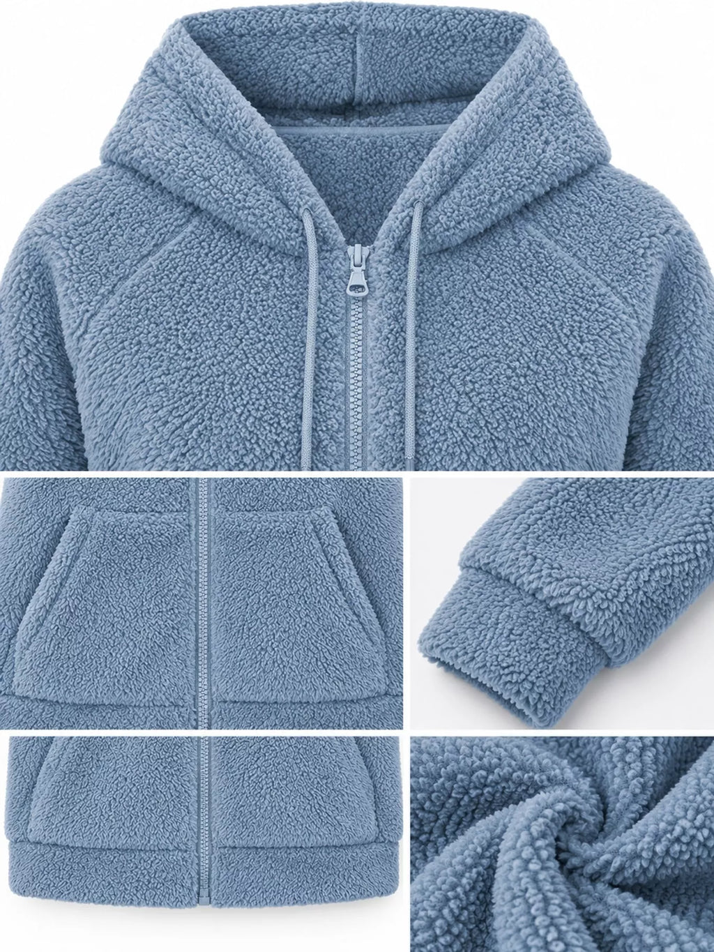 Blue drawstring Sherpa Zip-Up Hoodie — detail view