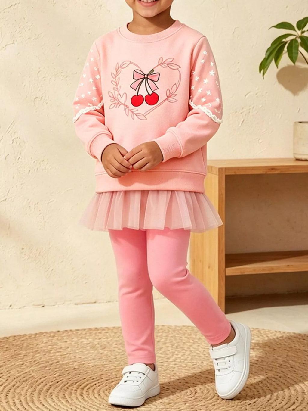 Child modeling a pink cherry graphic sweatshirt with layered tulle hem and pink leggings.