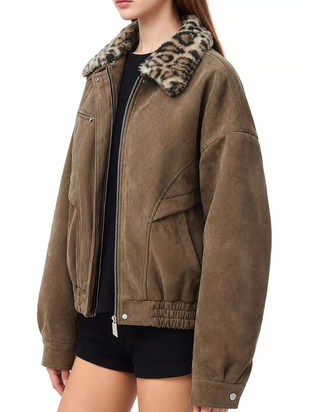 Angled view of the brown leopard-collar jacket.