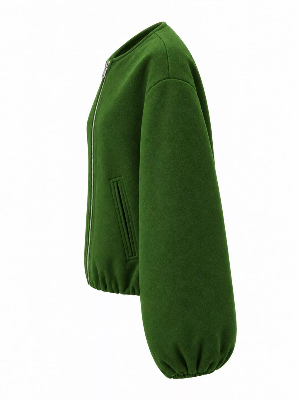 Grass-green round-neck zip-up jacket with gathered hem and sleeves, side view.