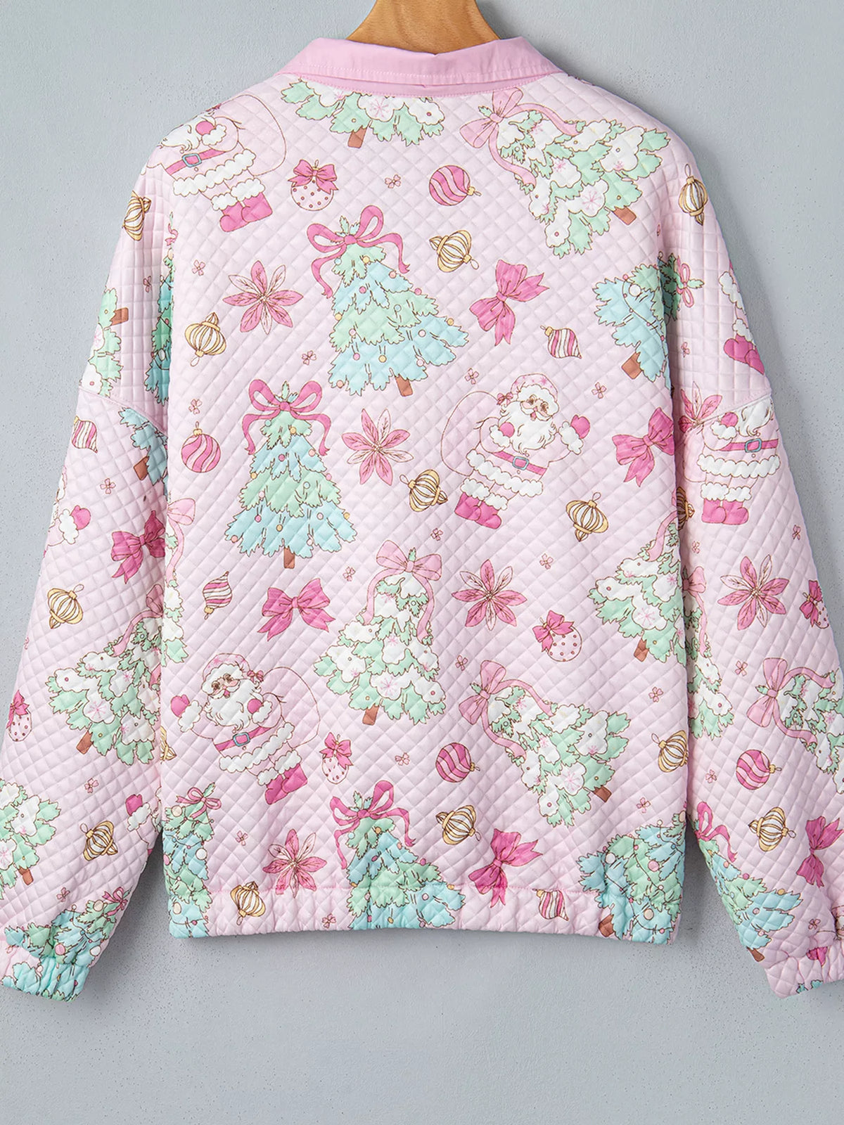 Pink christmas Print Collar Half Button Loose Sweatshirt — back view