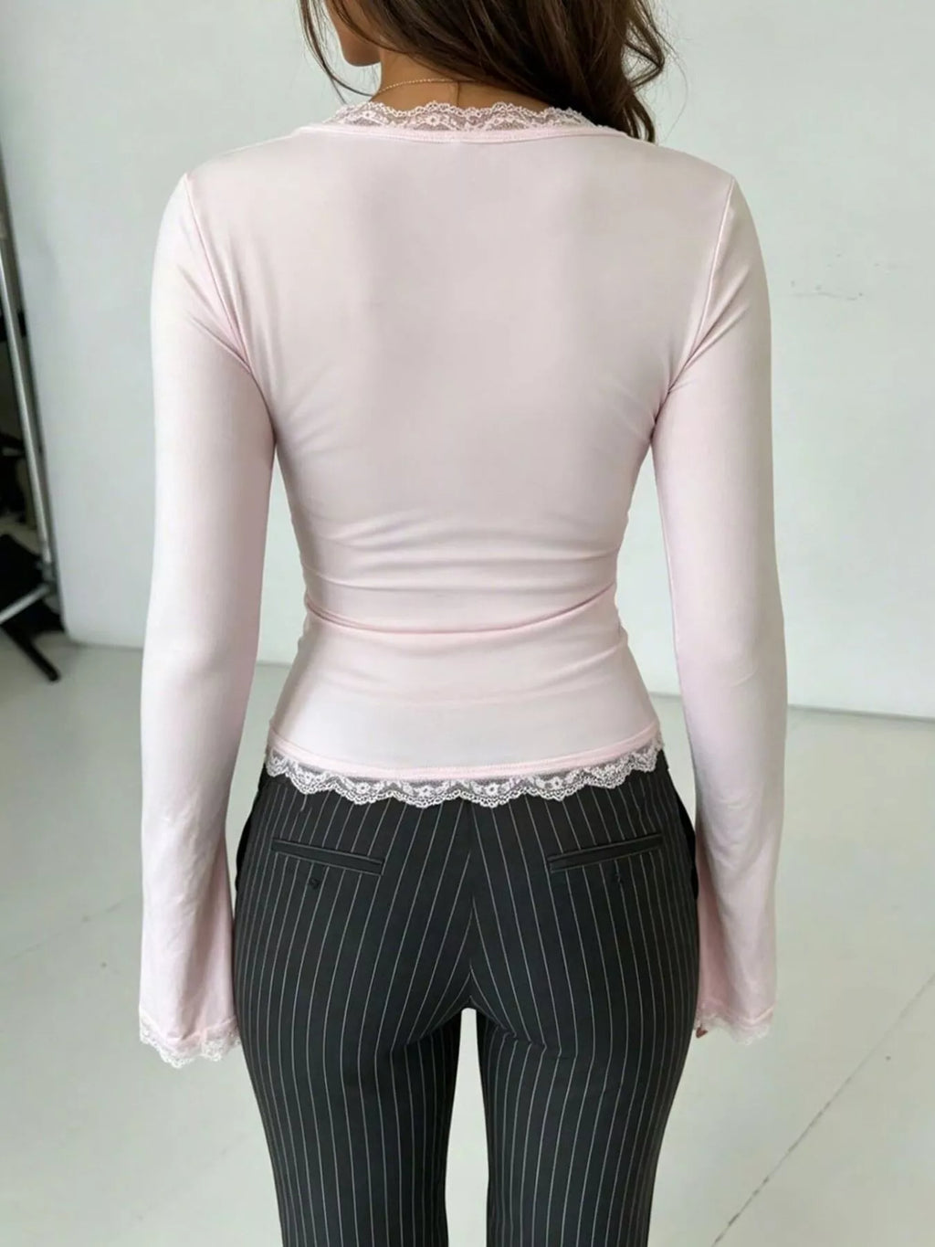 Pale pink lace-Trimmed V-Neck Long Sleeve T-Shirt — back view