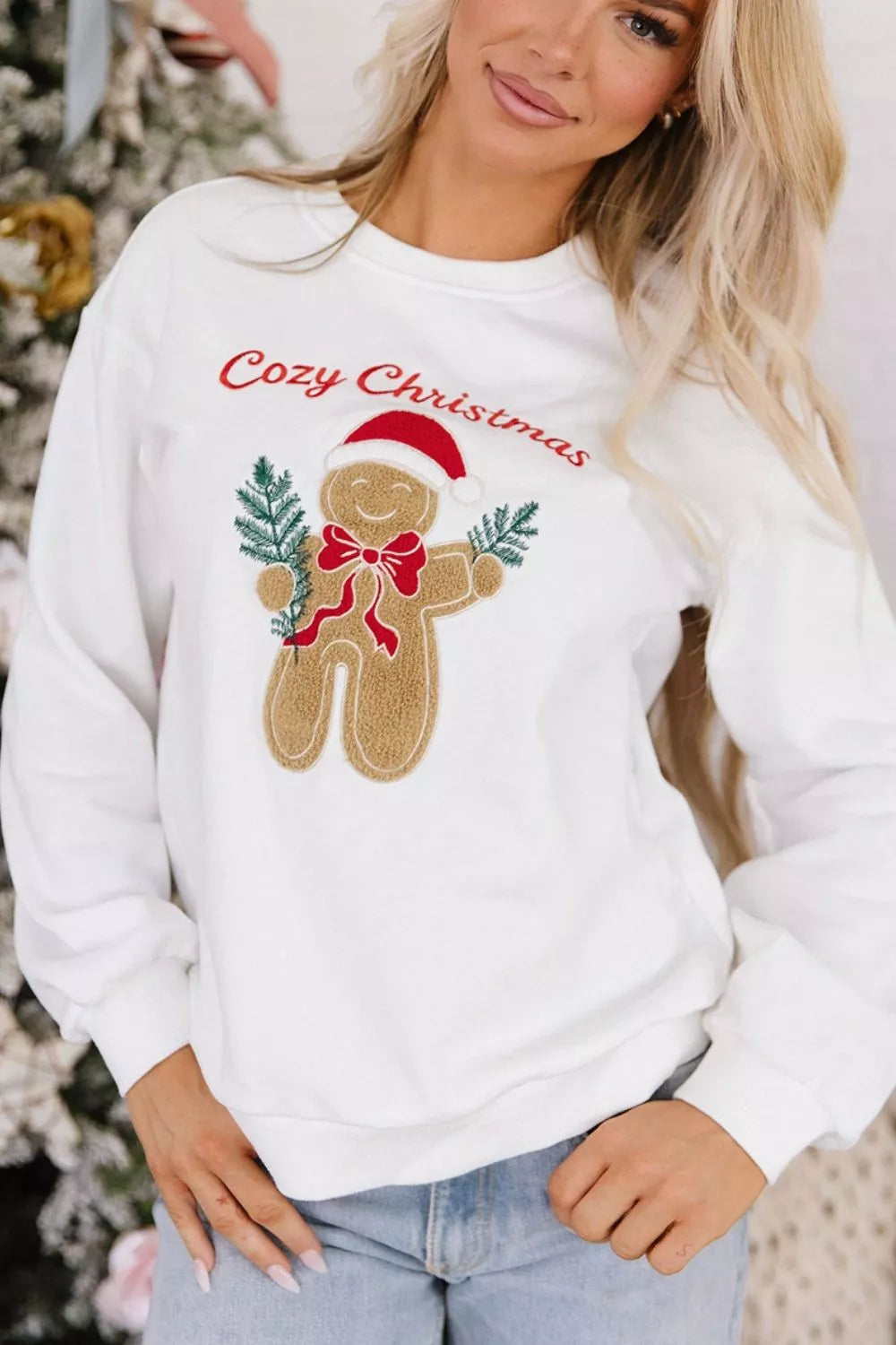 White embroidered Gingerbread Cozy Christmas Long Sleeve Round Neck Sweatshirt