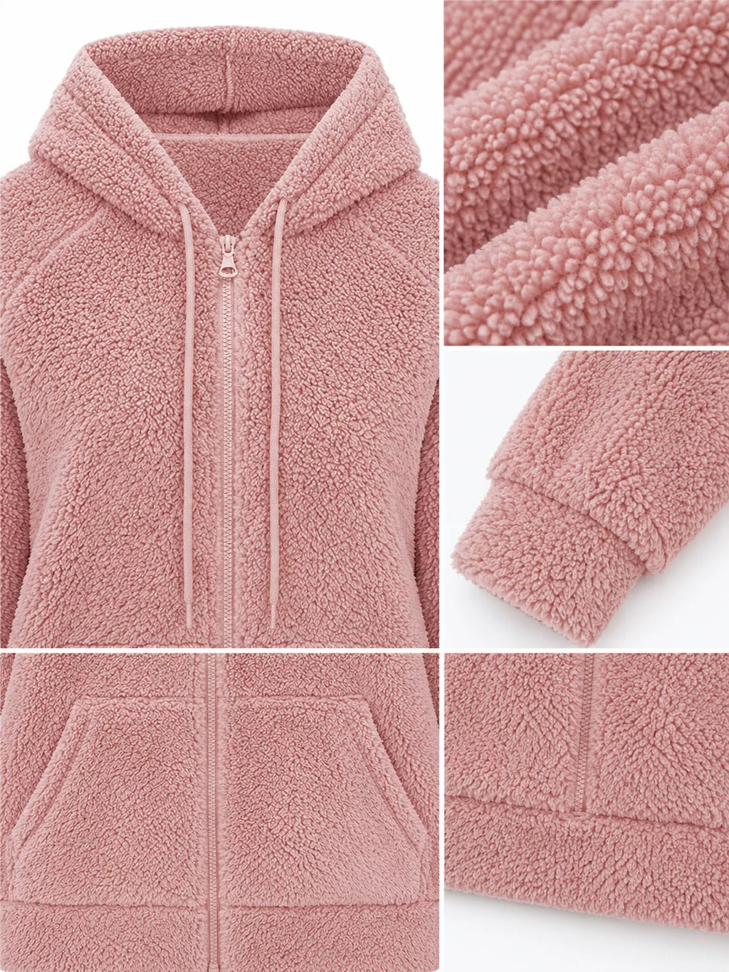Pink drawstring Sherpa Zip-Up Hoodie — detail view