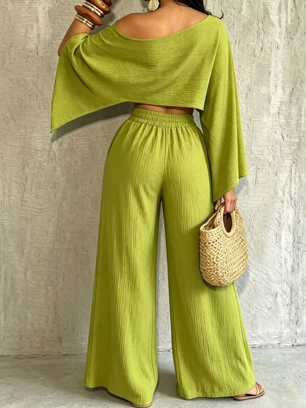 Lime green boat Neck Crop Top and Wide-Leg Pants Set — back view