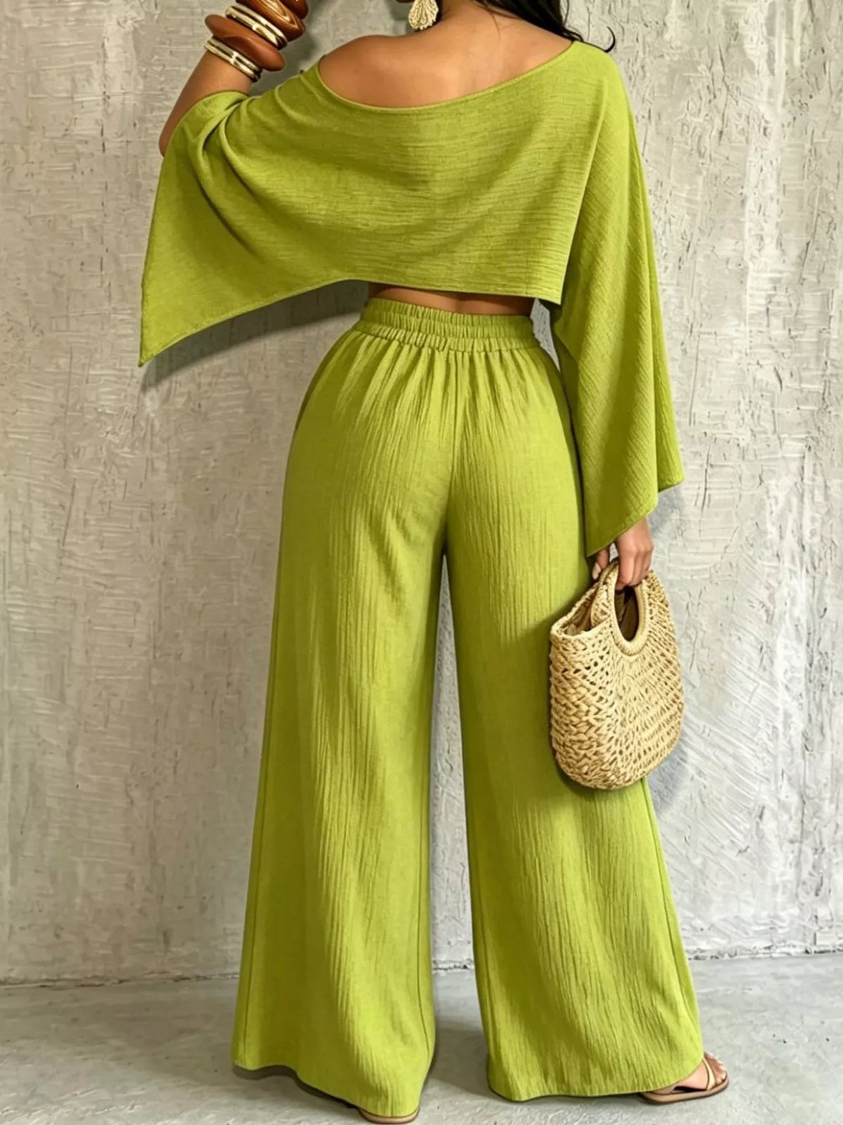 Lime green boat Neck Crop Top and Wide-Leg Pants Set — back view