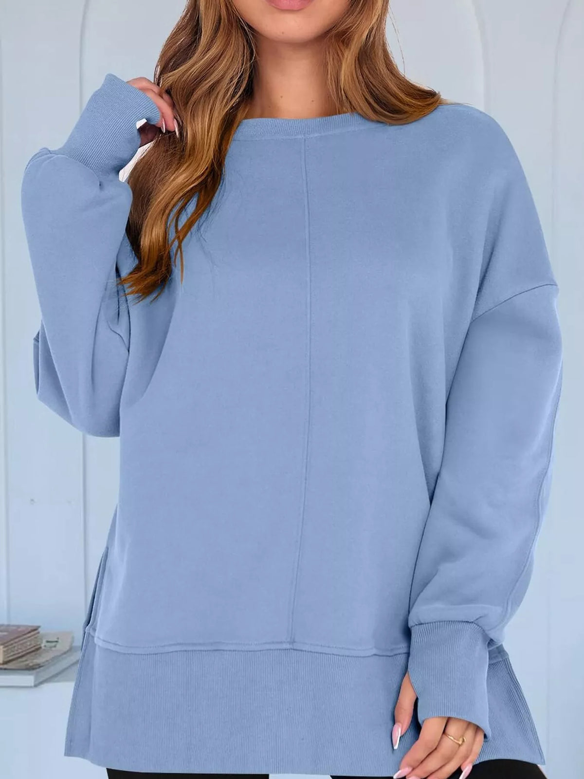 Blue oversized Crew Neck Sweatshirt with Side Slit
