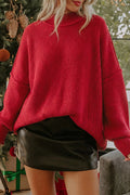 Red long Sleeve Ribbed Knit Stand Neck Sweater